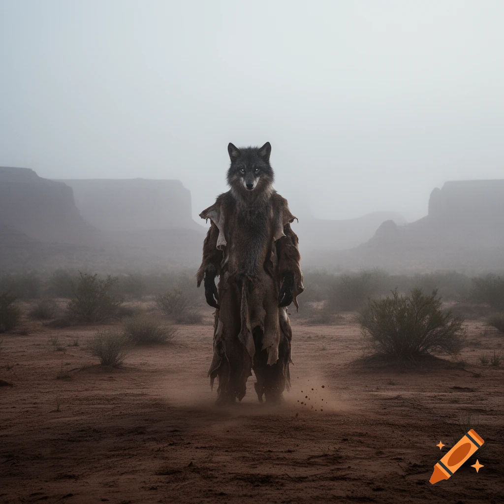 A wolf-like creature in a ragged fur cloak stands in a foggy desert landscape with distant mesas.