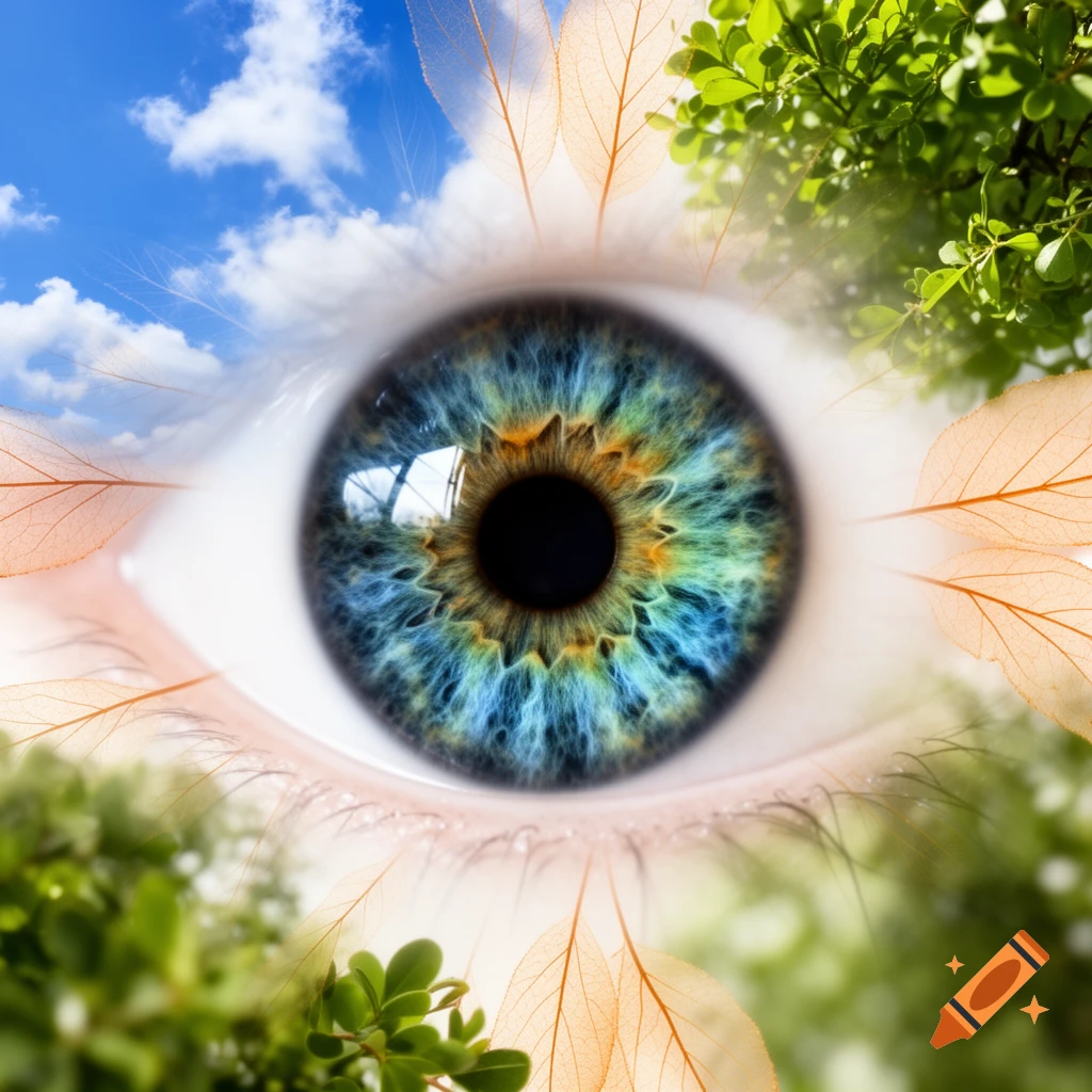 A detailed blue-green human iris with sky, clouds, and green leaves blended around it in an artistic, surreal composition.