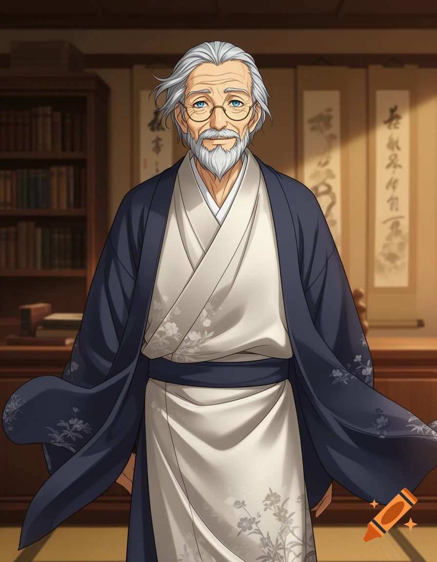 An anime-style elderly man with a white beard and glasses, wearing a dark blue kimono over a white one, stands in a traditional Japanese room.