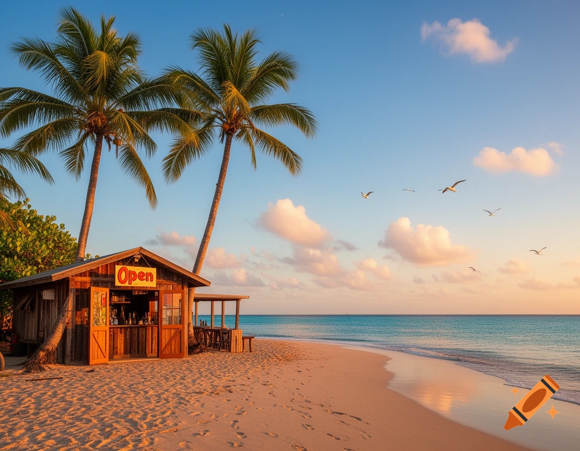 Wooden beach bar under palm trees on a tropical beach at sunrise. Seagulls fly over the calm ocean and golden sand.
