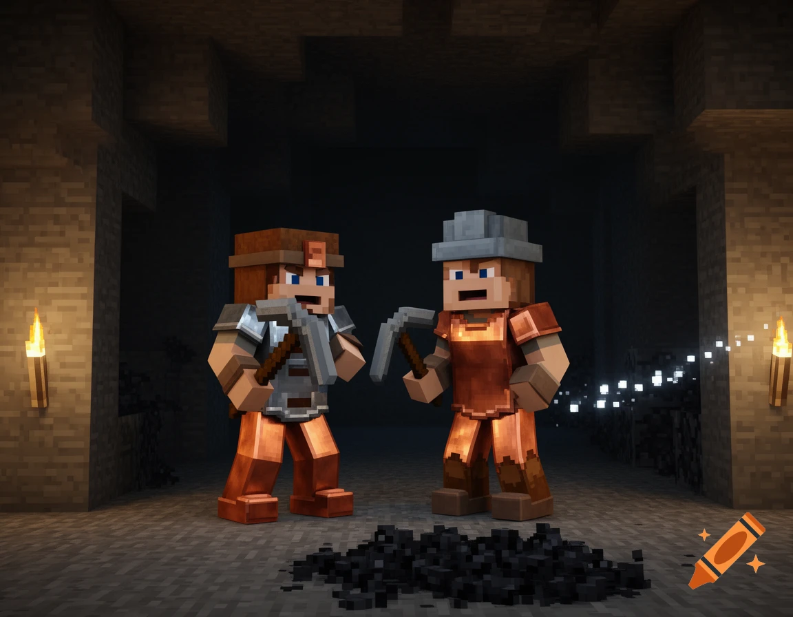 Two blocky Minecraft miners with pickaxes in a dark cave with torches and a pile of coal.
