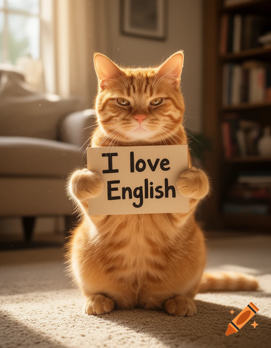 A photorealistic orange tabby cat sits on a carpet, holding a sign that reads 'I love English' in a sunlit room.