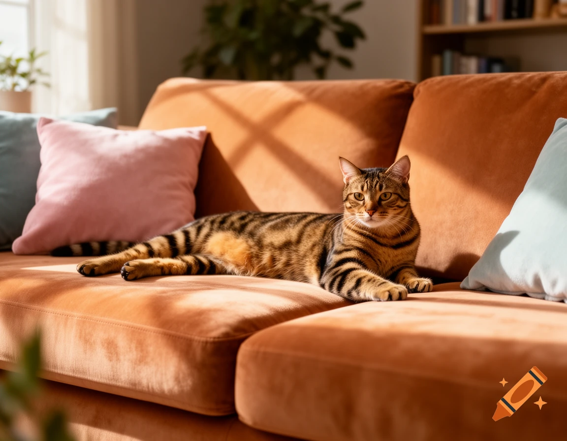 A tabby cat lies comfortably on an orange velvet sofa in a sunlit living room.