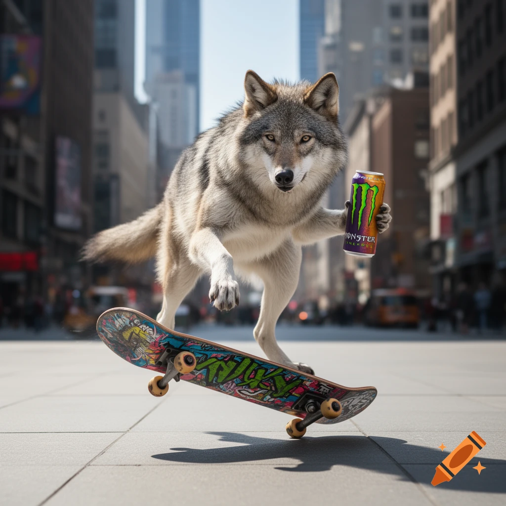 Photorealistic wolf skateboarding in an urban street, holding a Monster energy drink can.