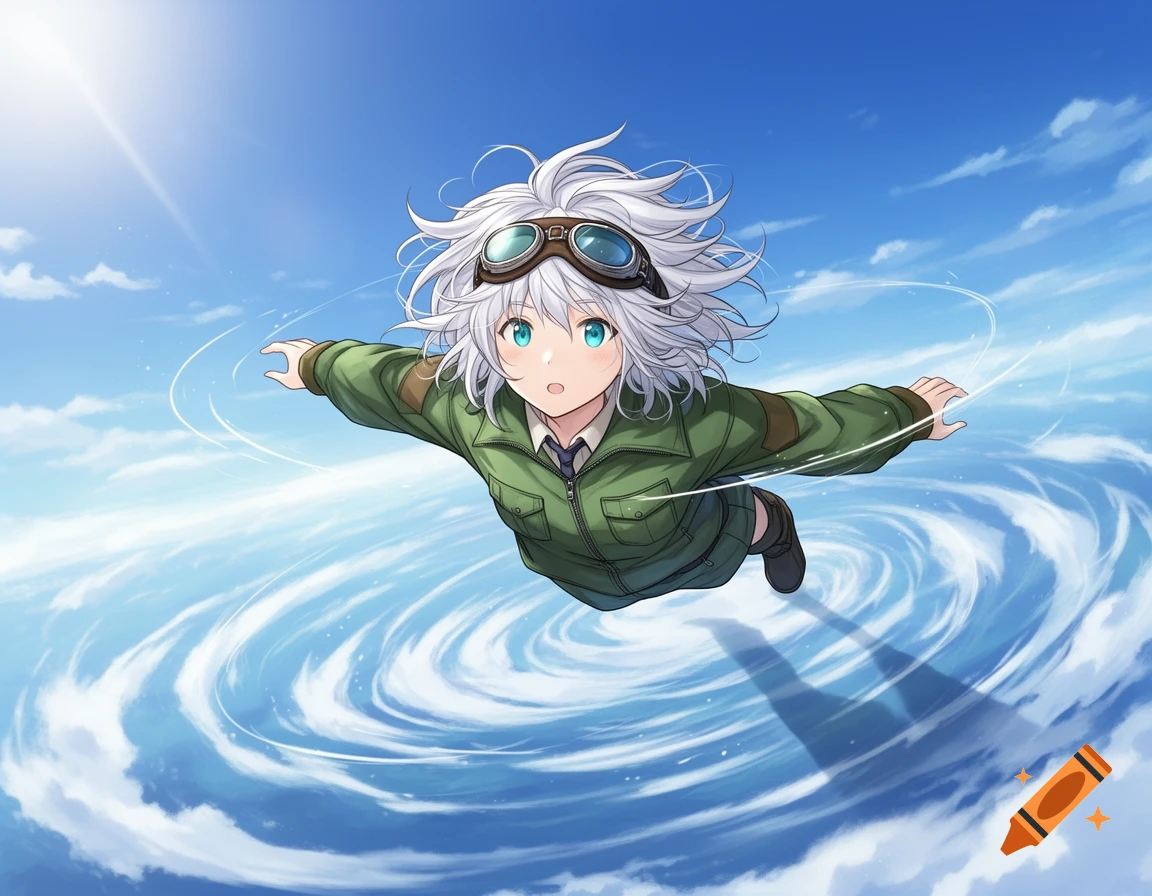 Anime girl with white hair and goggles in a green pilot jacket flying above swirling clouds in a blue sky.