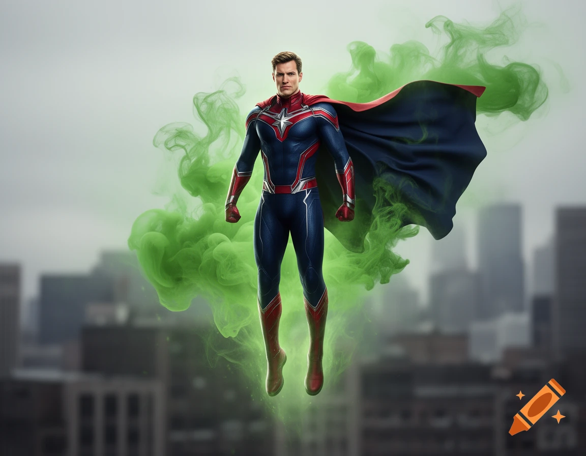 Photorealistic male superhero in a red and blue suit and cape, flying amidst green smoke above a blurred city.