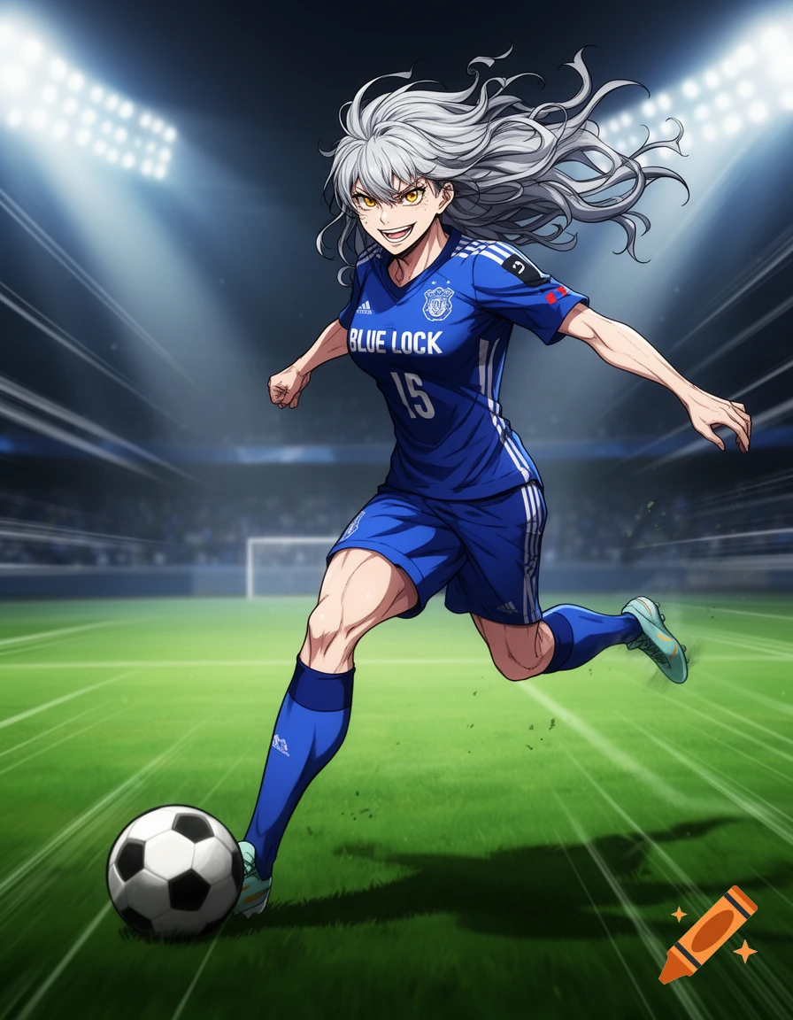 An anime girl with flowing silver hair in a blue soccer uniform runs across a stadium field, kicking a soccer ball.