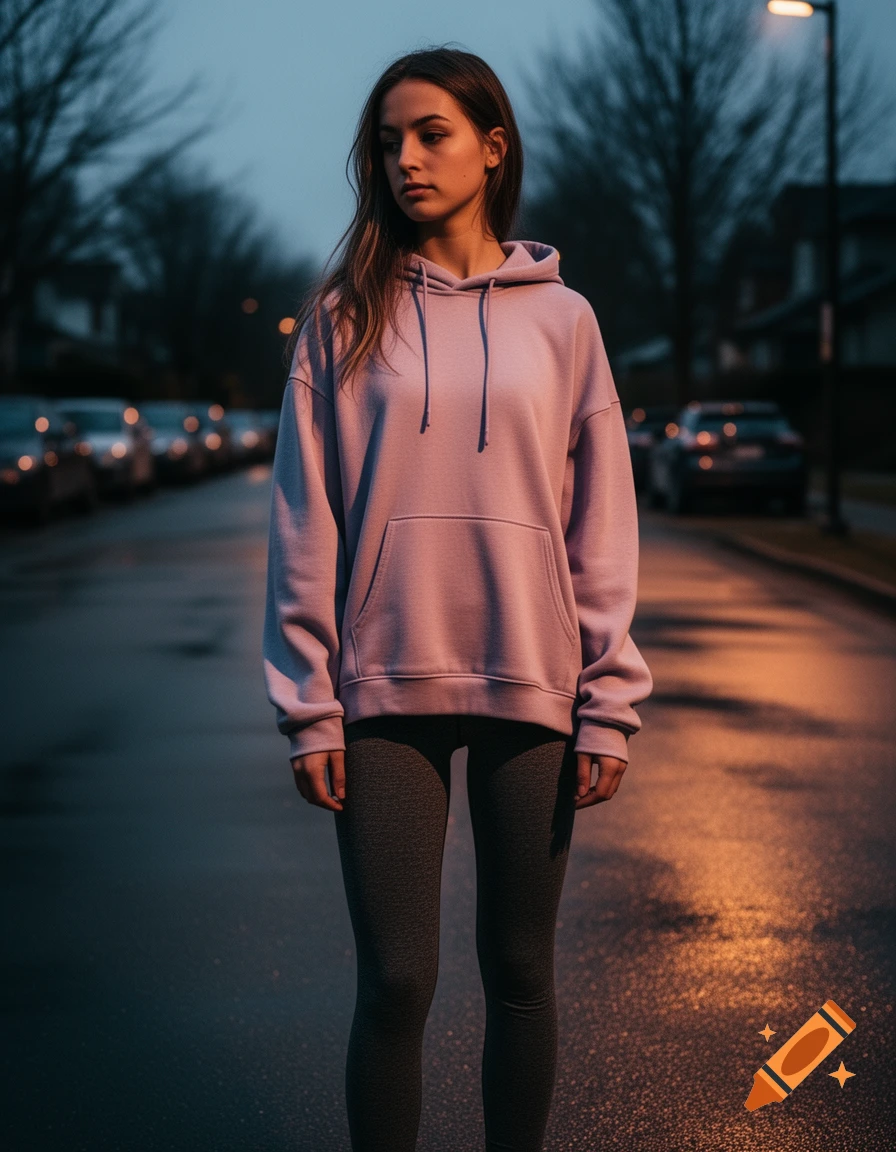 Young woman in a pink hoodie and grey yoga pants stands on a wet, dark street at dusk. Photorealistic.
