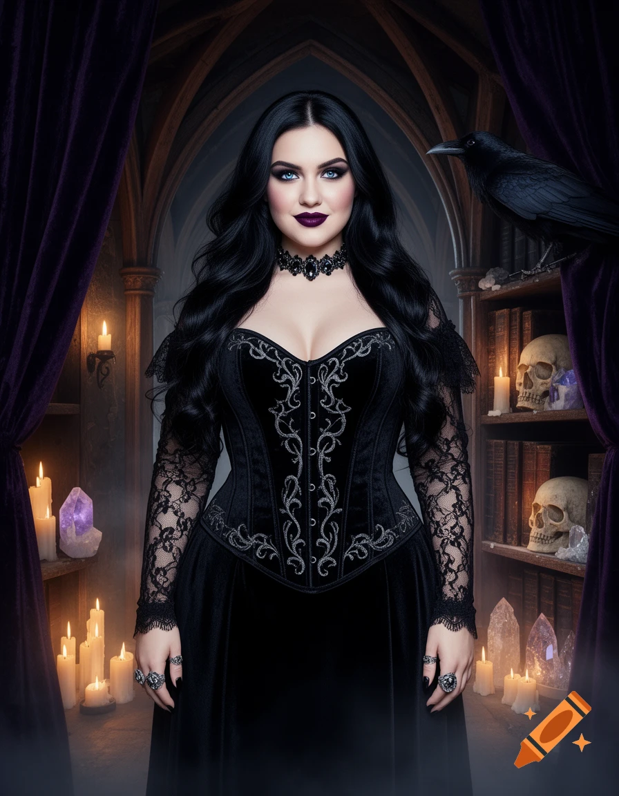 A confident gothic woman with long black hair, blue eyes, and dark makeup, wearing a black velvet corset dress with lace sleeves and ornate rings, stands in a dimly lit, candlelit gothic room with a raven, skulls, and crystals. Styled as dark fantasy digital art.