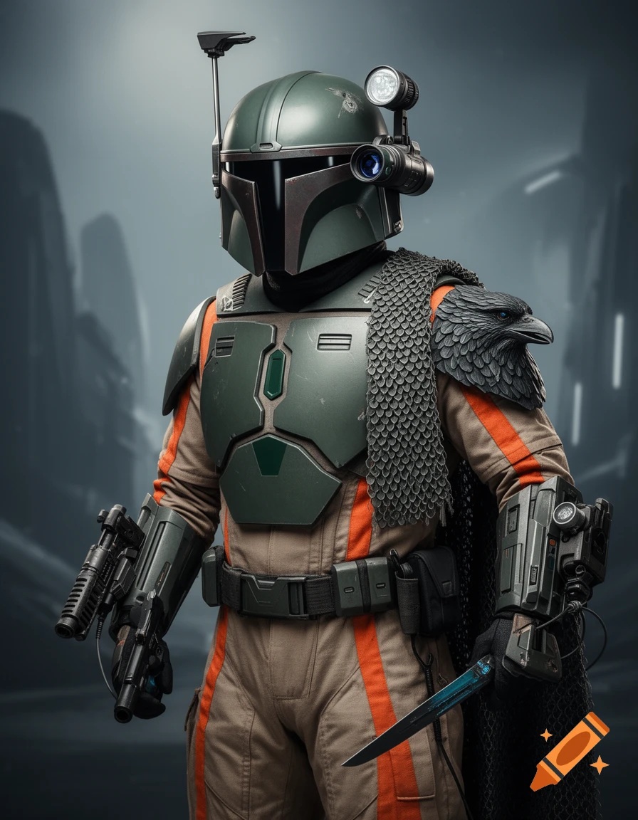 A full-body shot of a bounty hunter in a green Mandalorian-style helmet and armor with a brown flight suit and orange stripes. The figure has a raven head on the right shoulder, a scale cape, and holds a blaster and a glowing blade.
