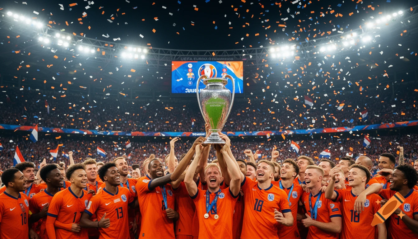 Dutch soccer team players in orange jerseys celebrate lifting a large silver trophy in a stadium with confetti falling.