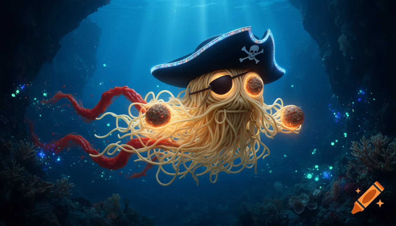 A hyper-realistic underwater photo of a glowing Flying Spaghetti Monster pirate with meatballs, an eye patch, and a tricorn hat, swimming in a mystical ocean trench with coral and glowing plankton.