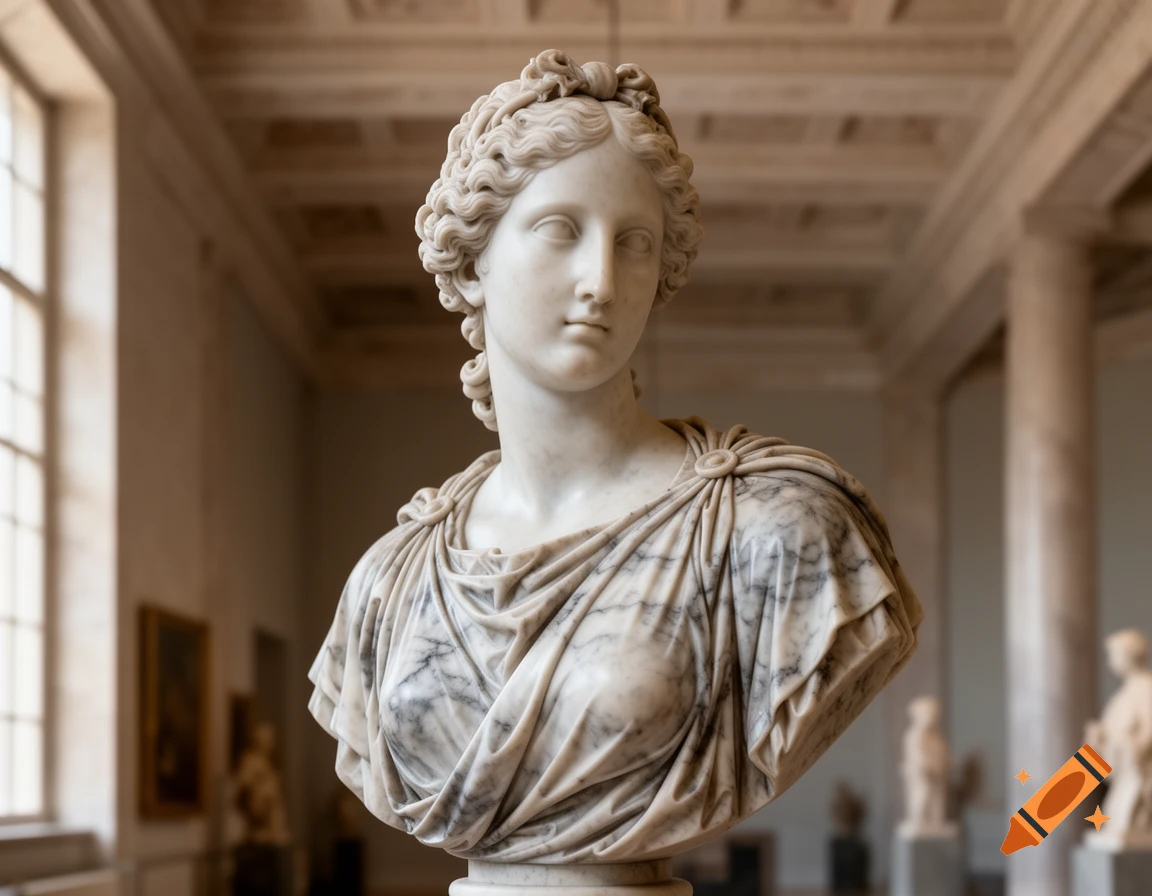 A photorealistic classical marble bust of a woman with curly hair and draped clothing, displayed in a museum.