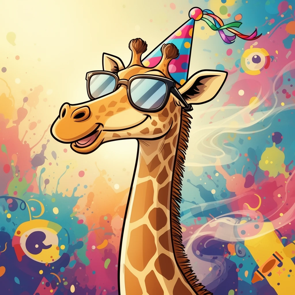 A smiling cartoon giraffe wearing a party hat and sunglasses, against a colorful, splattered background.