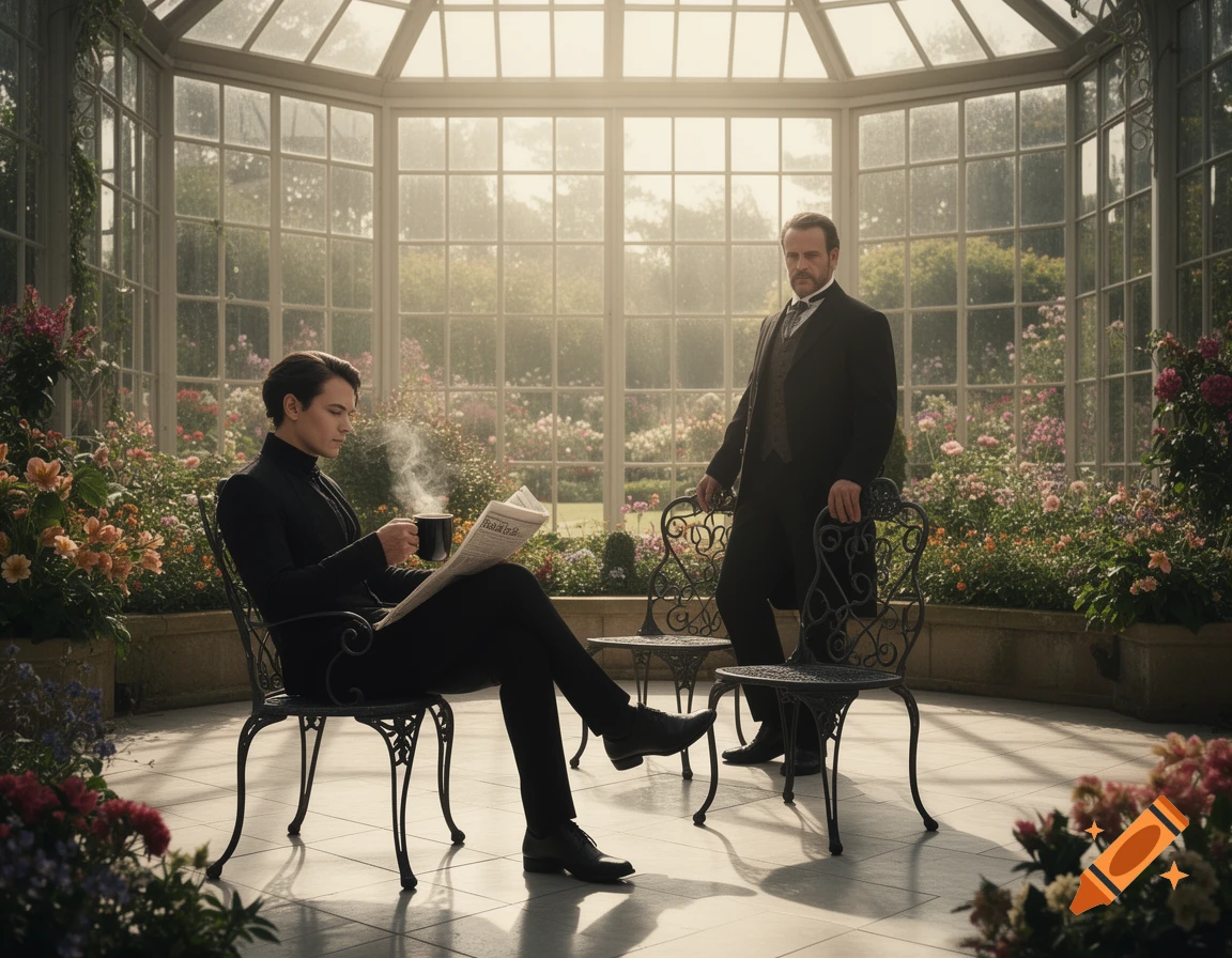 Two elegantly dressed men in a sunlit Victorian conservatory filled with blooming flowers. One reads a newspaper, the other stands.