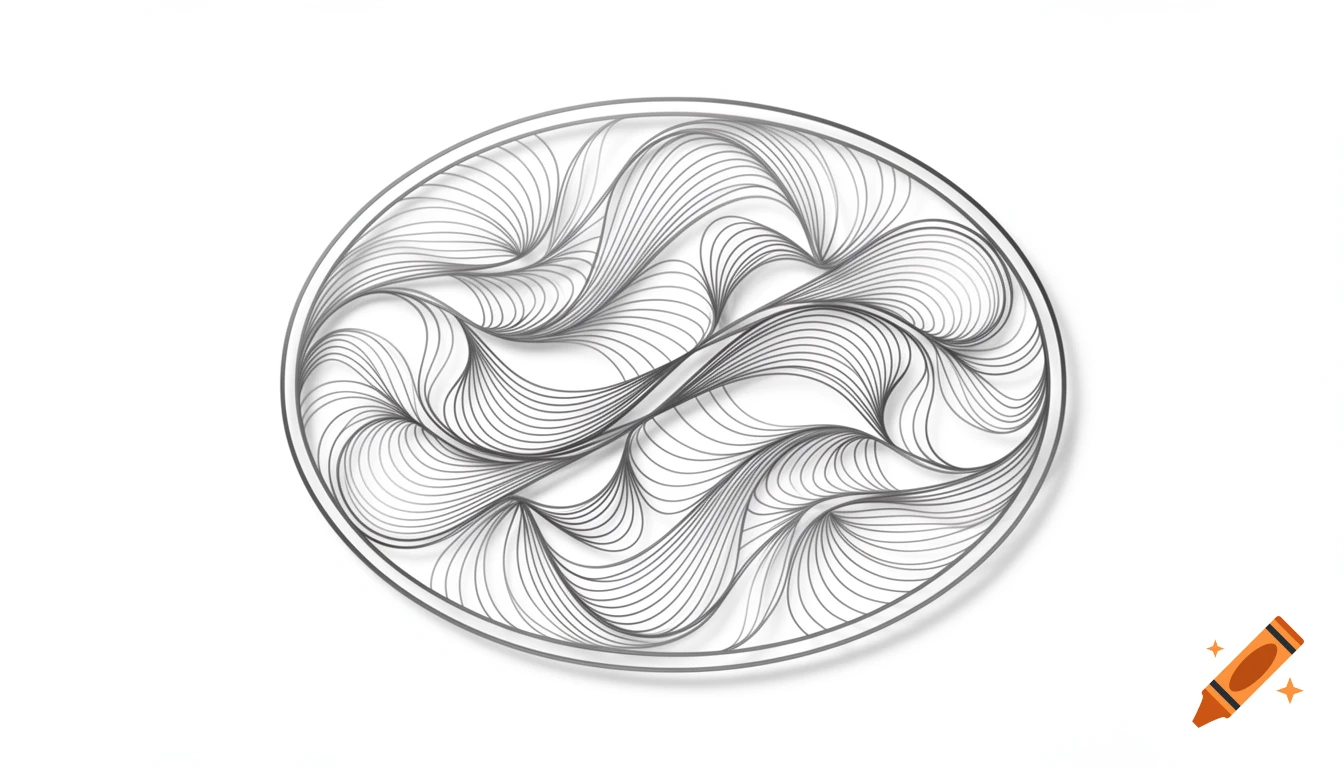 An abstract line art design within a circular outline on a white background.