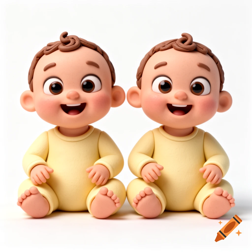Two identical 3D cartoon toddler babies with big eyes, wearing yellow onesies, sitting and smiling on a white background.