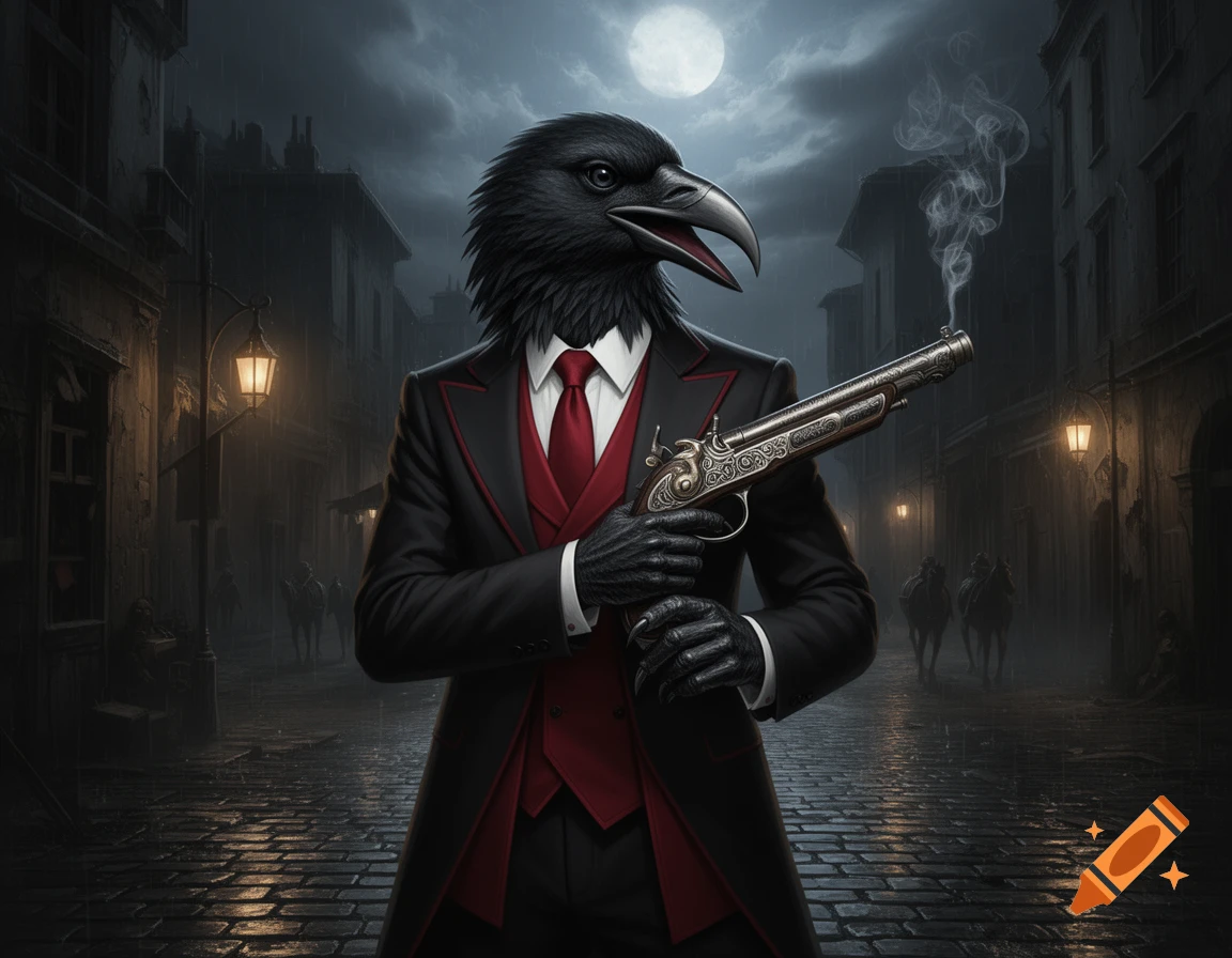 A crow-headed figure in a black and red suit holds a smoking ornate pistol on a dark, rainy cobblestone street in a gritty fantasy city under a full moon.