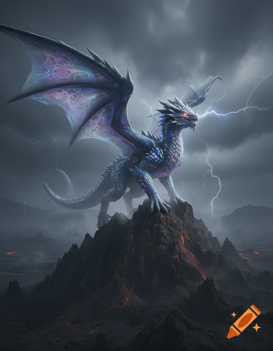 A majestic, iridescent blue-purple dragon stands on a volcanic peak amidst lightning and stormy skies, with lava flowing below.
