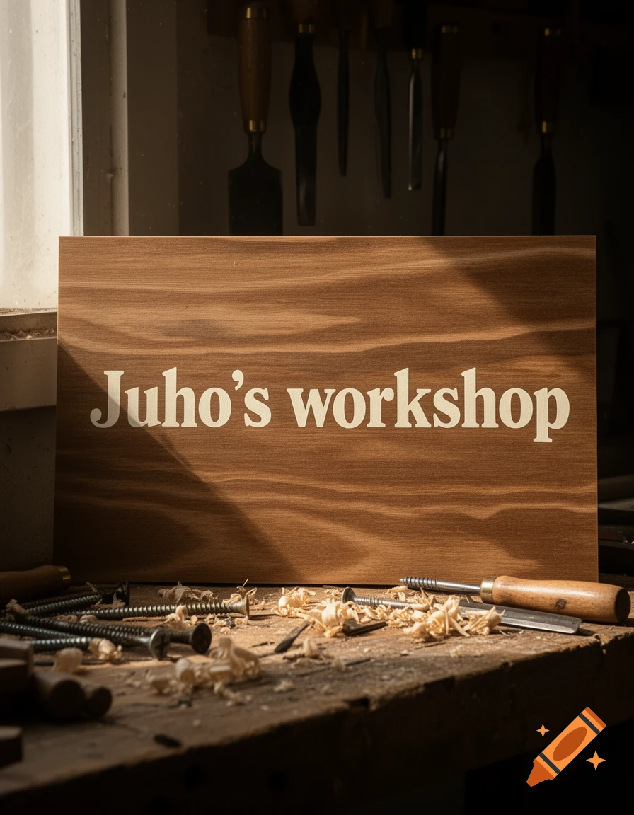 Wooden sign 'Juho's workshop' on a workbench with woodworking tools and wood shavings in a dimly lit, photorealistic style.
