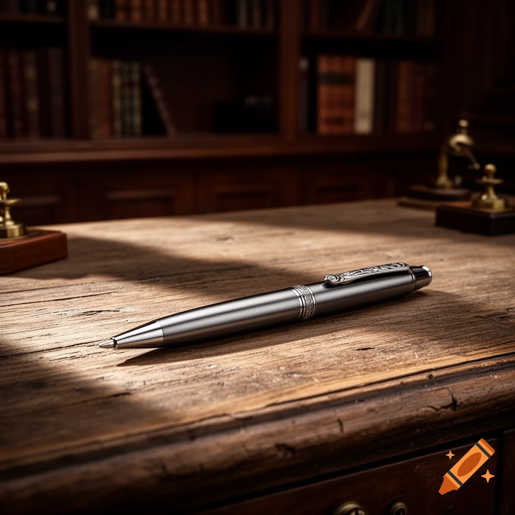 A detailed, photorealistic image of a silver and ornate pen resting on a rustic wooden desk, with a blurred bookshelf in the background.