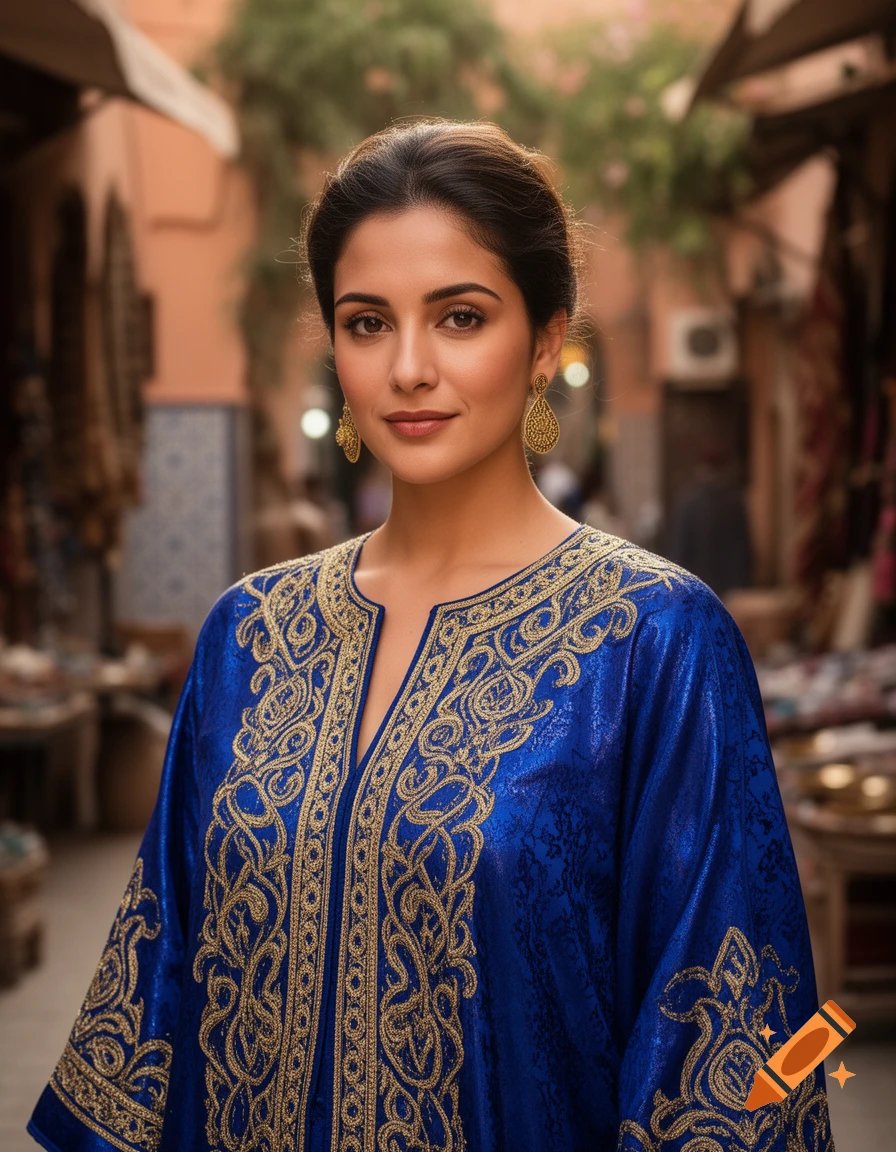 A photorealistic portrait of a Moroccan woman in a blue and gold embroidered kaftan and gold earrings, standing in a market street.