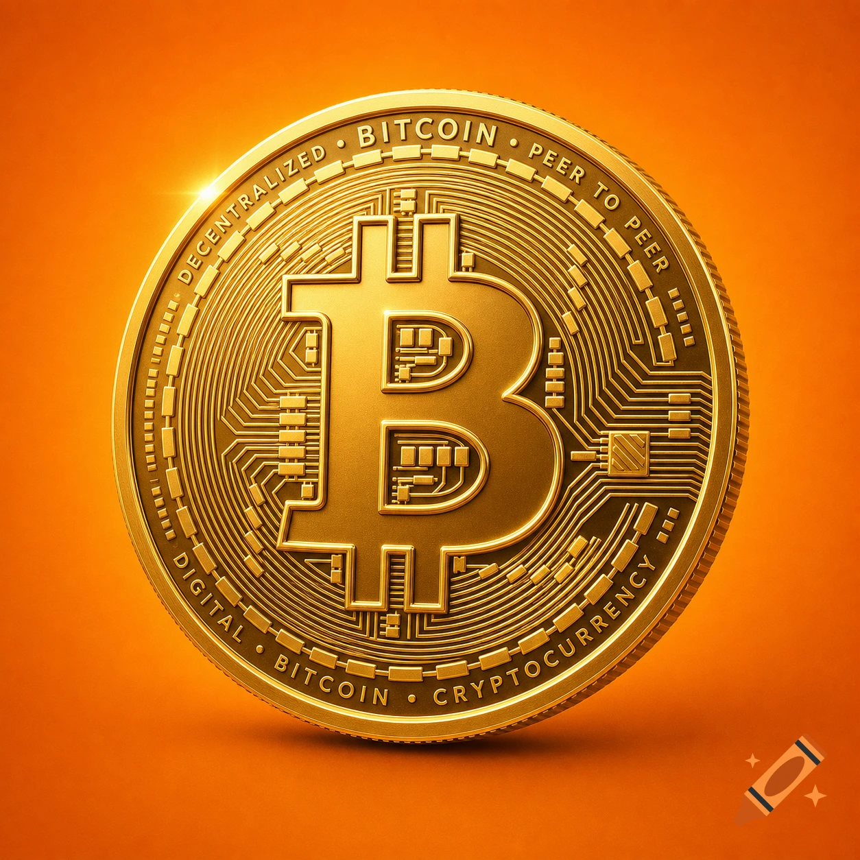 Golden Bitcoin coin with circuit patterns and text on an orange background.