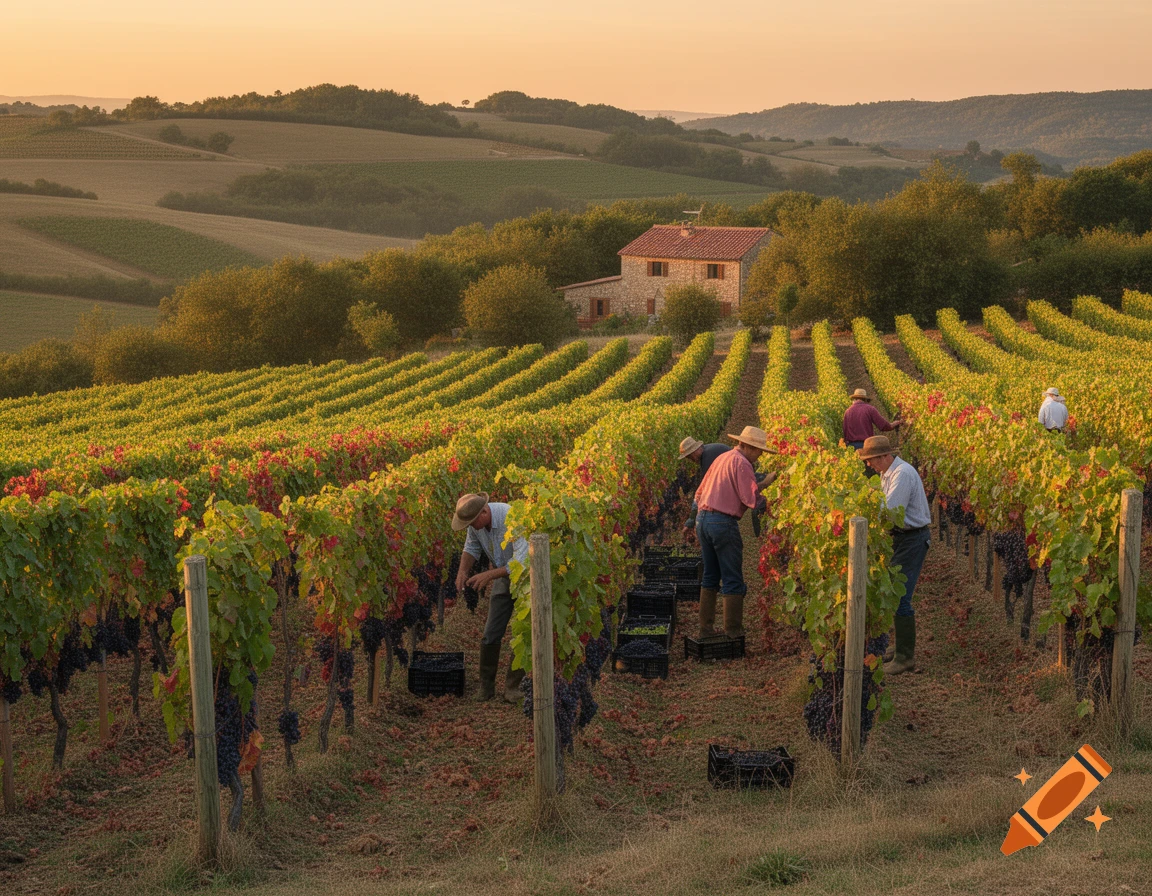 Farmers harvest grapes in a sunny vineyard on rolling hills with a house in the background.