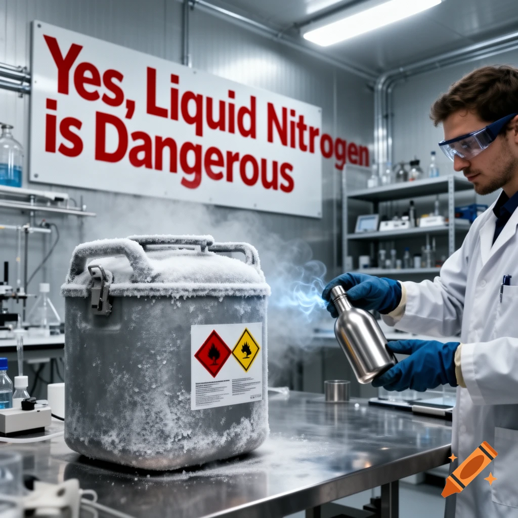 Photorealistic image of a scientist in goggles and lab coat handling a metal bottle near a frosty liquid nitrogen container in a lab, with a warning sign in the background.