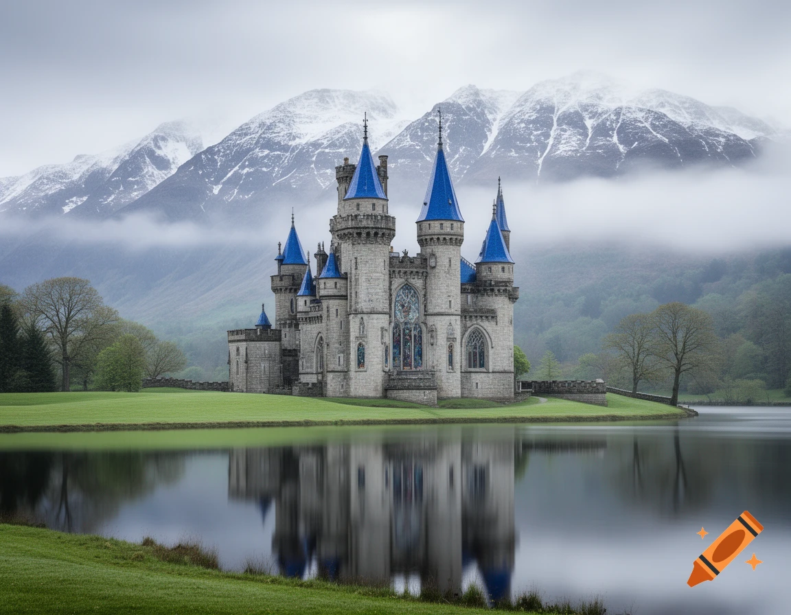 Photorealistic fairytale castle with blue spires reflecting in a still lake, backed by misty, snow-capped mountains.