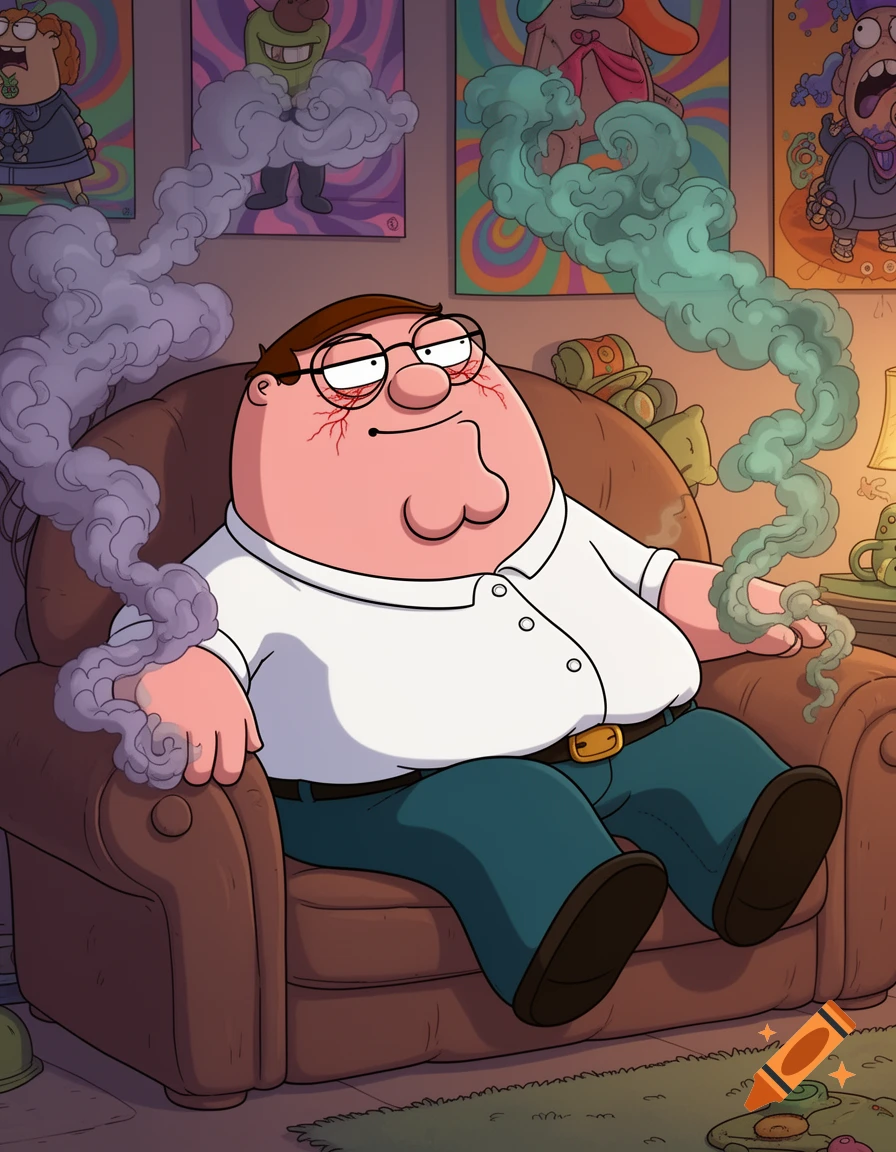 Peter Griffin from Family Guy, with red bloodshot eyes, sits in an armchair surrounded by smoke, in a vibrant, psychedelic room.