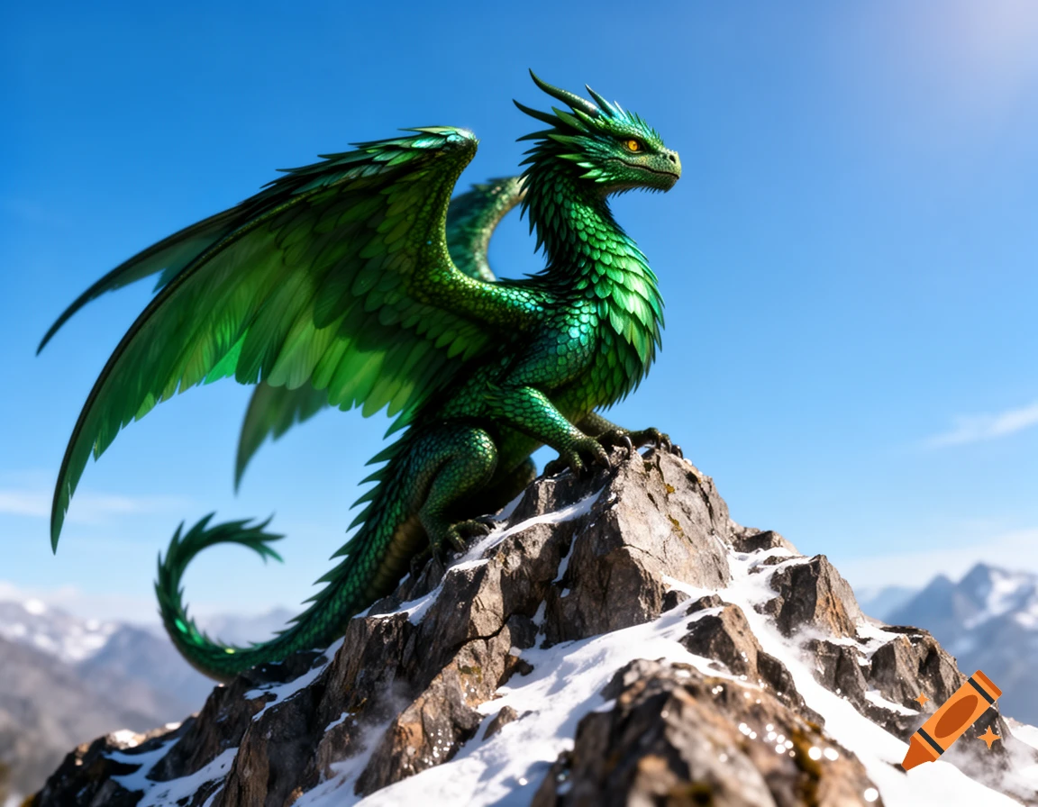 A majestic green dragon with large wings sits atop a snowy, craggy mountain peak under a clear blue sky.