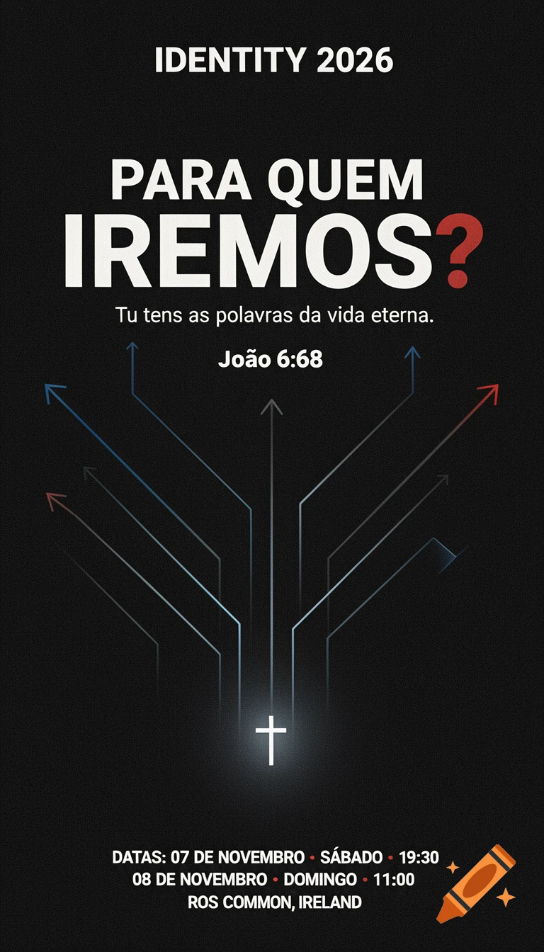 Christian youth conference poster with dark background, bold white text, and glowing cross with ascending lines.