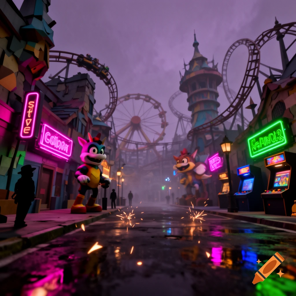 3D render of a dark, eerie retro theme park at night with glowing neon signs and a roller coaster in the background.