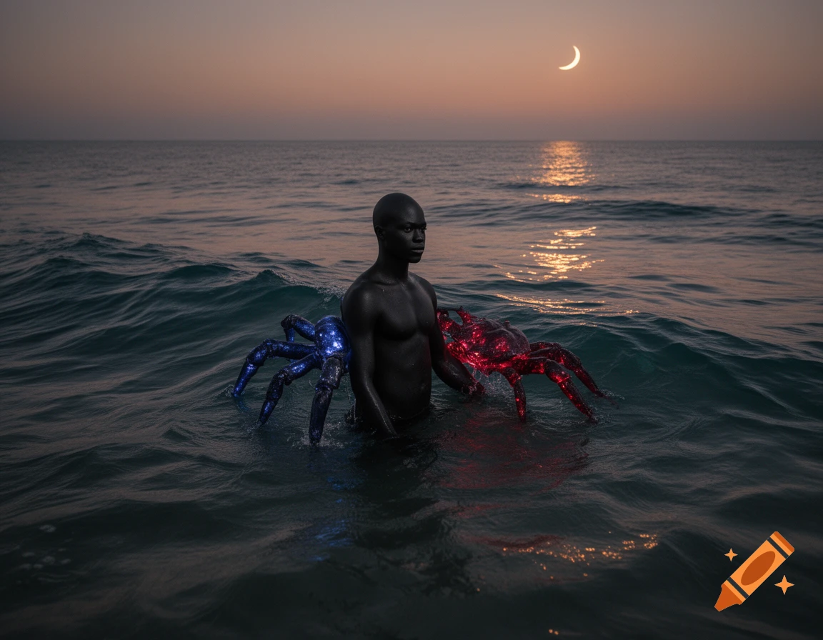 A dark-skinned bald man stands shirtless in the ocean at sunset, flanked by a glowing blue and a glowing red multi-legged creature.