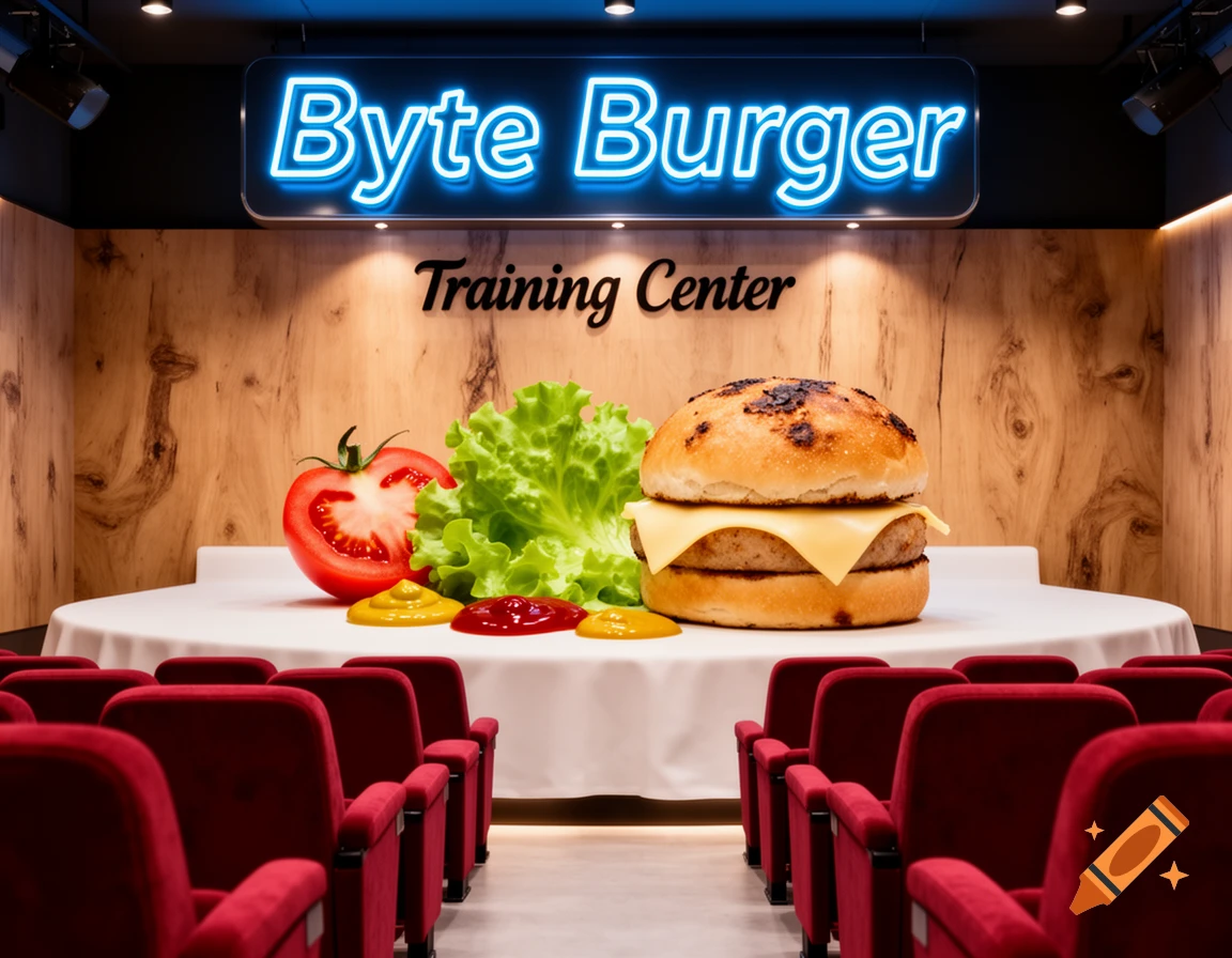 A stage with a neon sign 'Byte Burger Training Center' above a large burger, tomato, lettuce, and condiments, in front of red auditorium seats.
