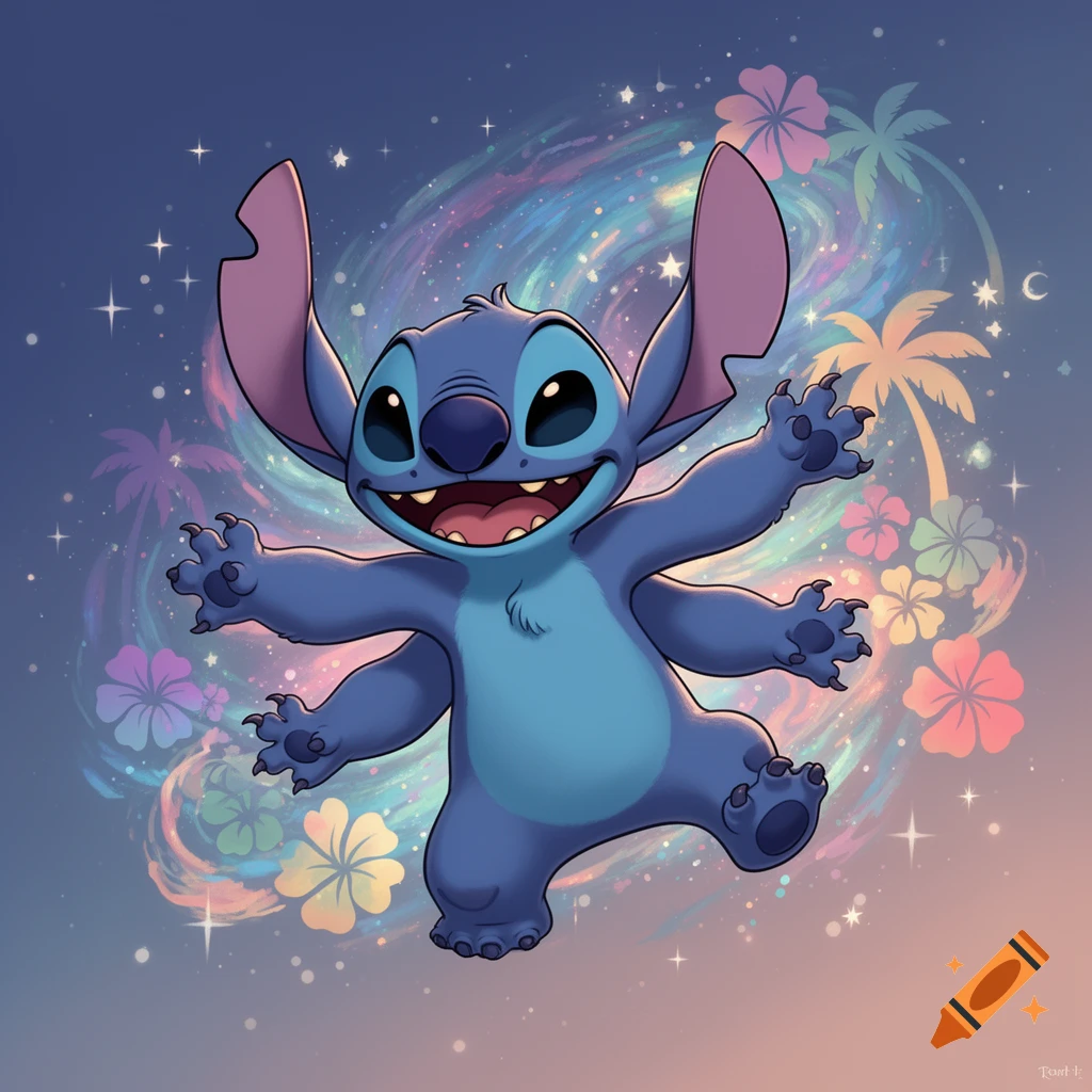 Stitch from Lilo & Stitch, with six arms, smiles joyfully amidst a dreamy background of pastel flowers, palm trees, and stars.