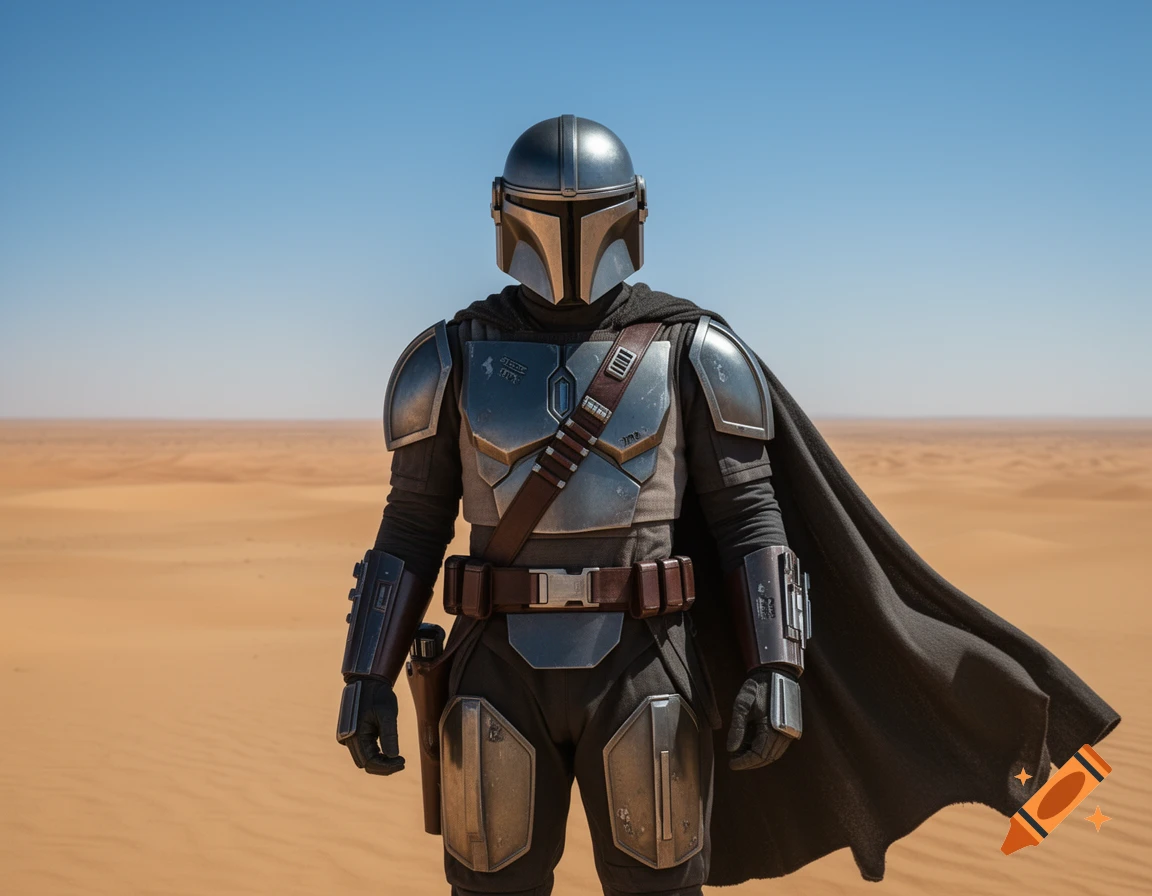A lone armored figure resembling The Mandalorian stands in a vast, sunny desert under a clear blue sky.