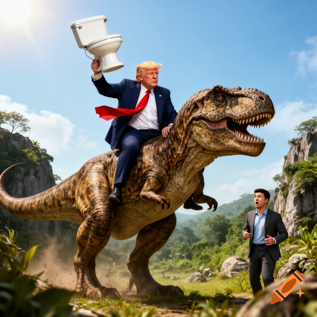 Donald Trump rides a T-Rex through a jungle, holding a toilet high as another man watches in surprise. Photorealistic style.