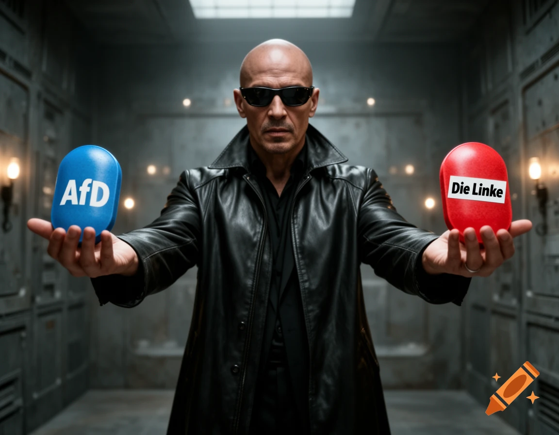 A bald man in sunglasses and a black leather coat holds a blue pill labeled 'AfD' and a red pill labeled 'Die Linke' in a dark room.