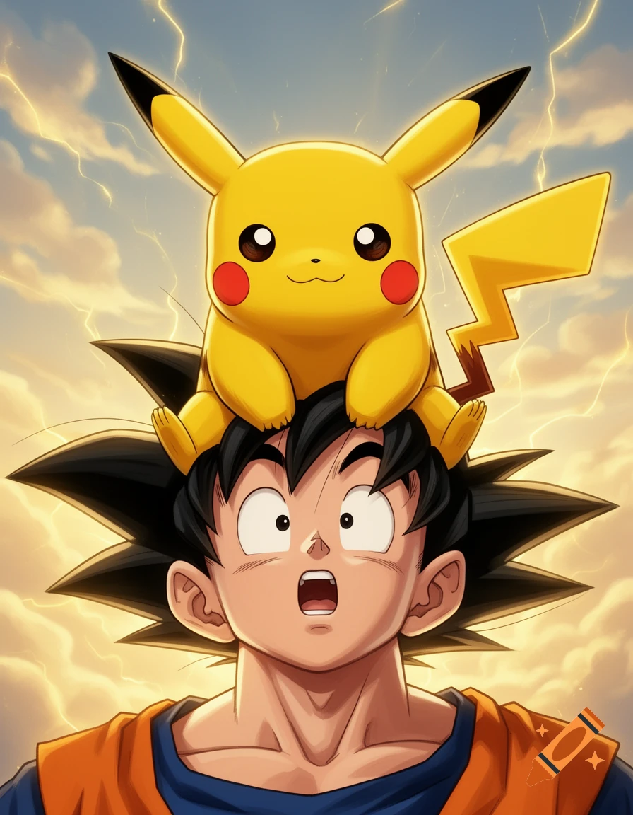 Pikachu sitting on the head of Goku with a surprised expression, anime style.