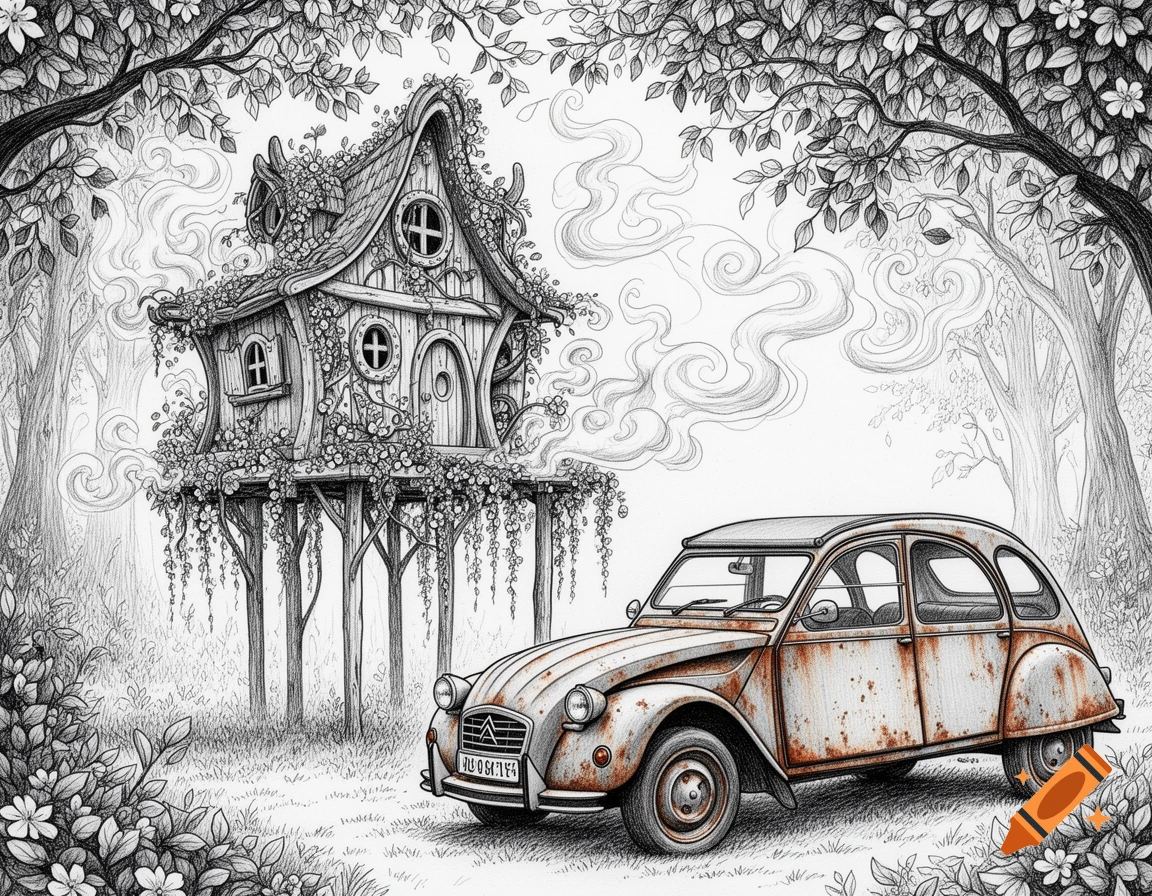 An ink drawing of a whimsical fairy house on stilts in a forest, with a rusty vintage Citroën 2CV car in the foreground.