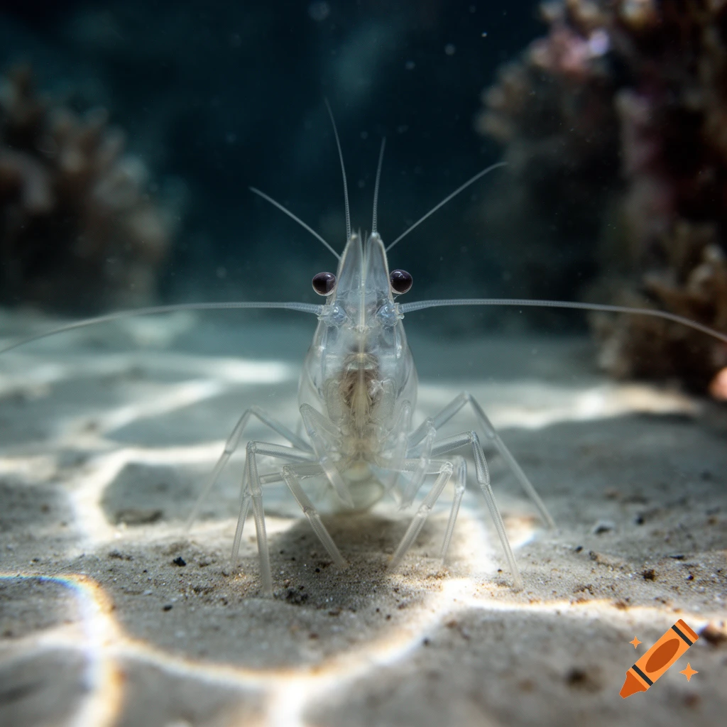 Close-up photorealistic underwater shot of a translucent white shrimp standing on sandy seabed.