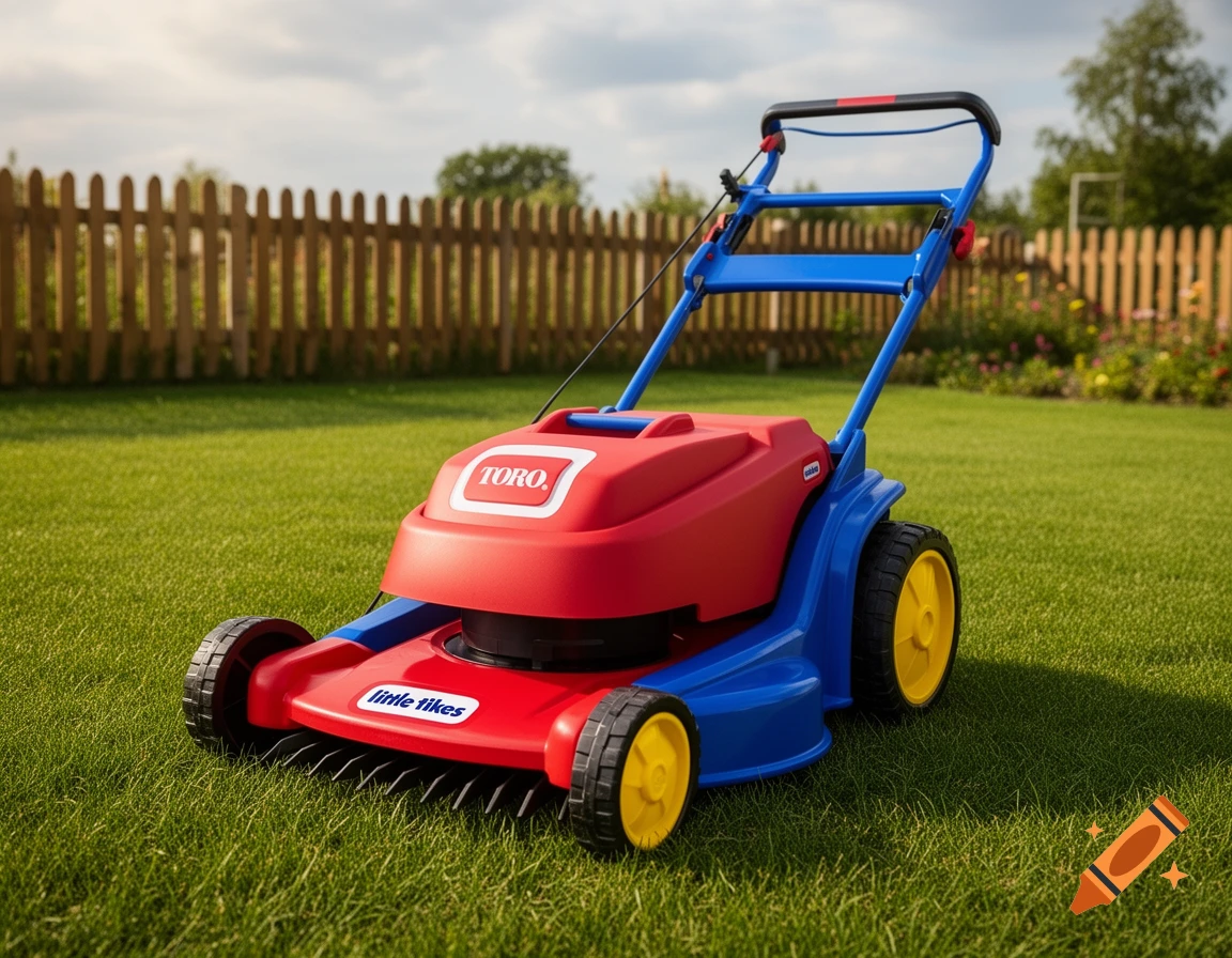 A red and blue toy lawnmower with yellow wheels sits on green grass in a backyard with a wooden fence. Photorealistic style.
