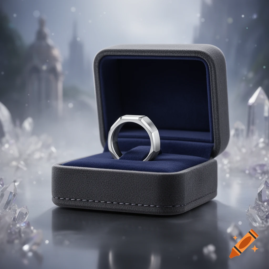 A silver men's ring in an open gray velvet box, surrounded by glowing crystals in a dreamy fantasy setting.