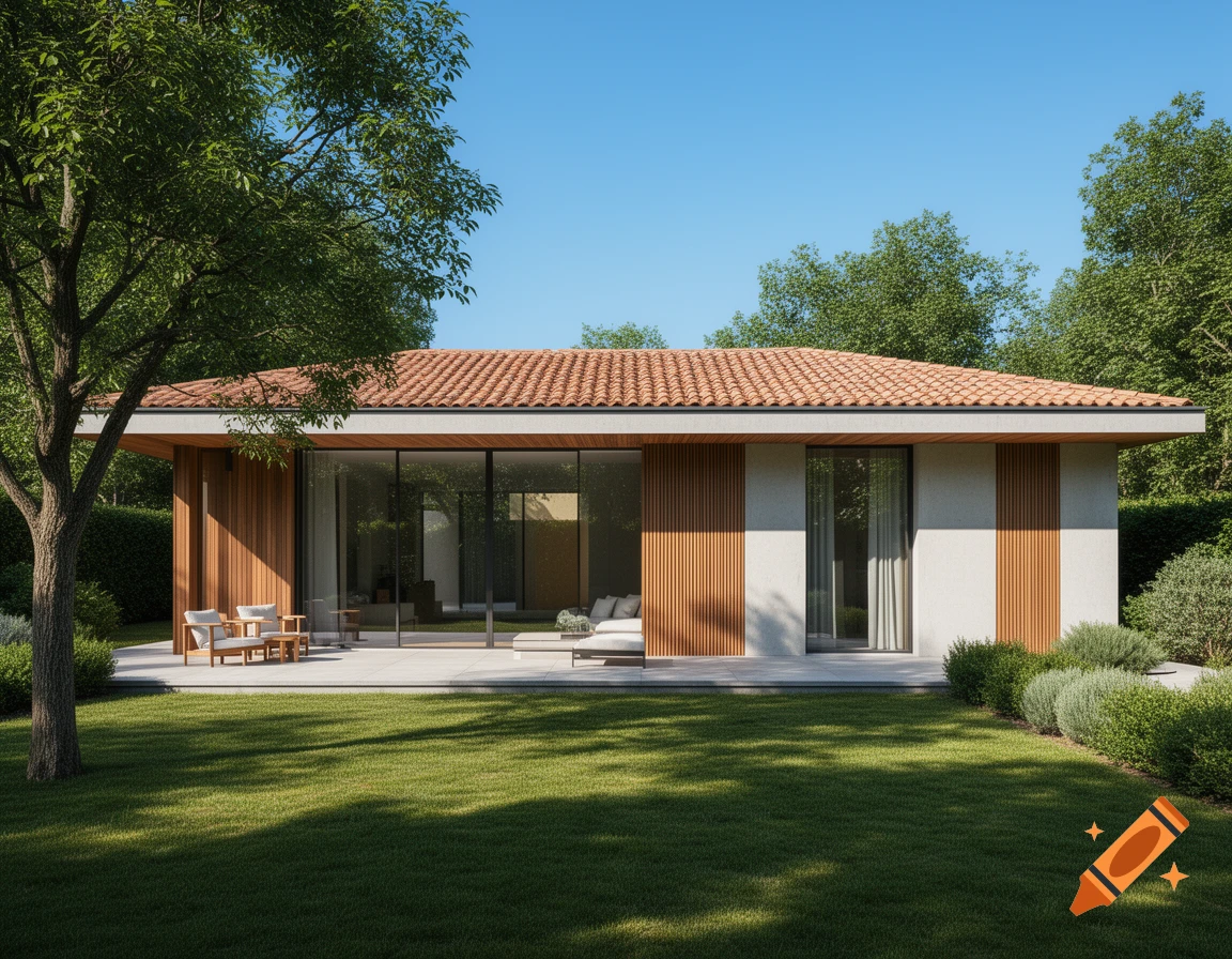 A modern house with a terracotta tiled roof, large glass windows, and wood paneling, set in a lush green garden.