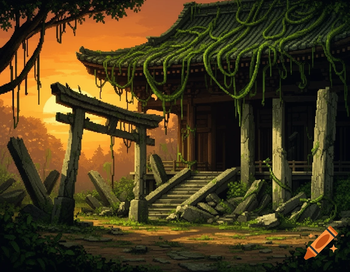 Pixel art of an overgrown, ruined Japanese temple with a broken torii gate at sunset.