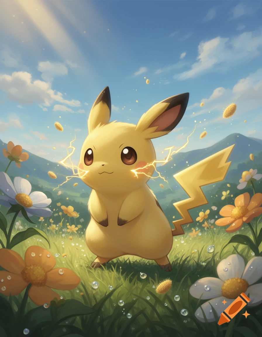 Digital illustration of a yellow Pokemon standing in a grassy meadow with wildflowers under a blue sky.