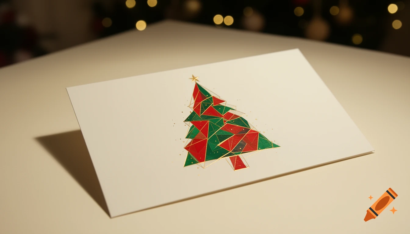 A white Christmas card with a modern geometric red, green, and gold Christmas tree design on a beige surface.