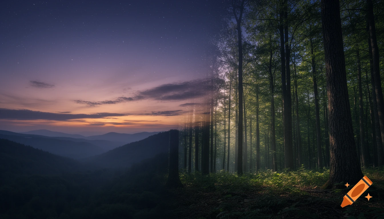 A photorealistic split image showing a starry dusk sky over mountains on the left, merging into a sunlit forest on the right.